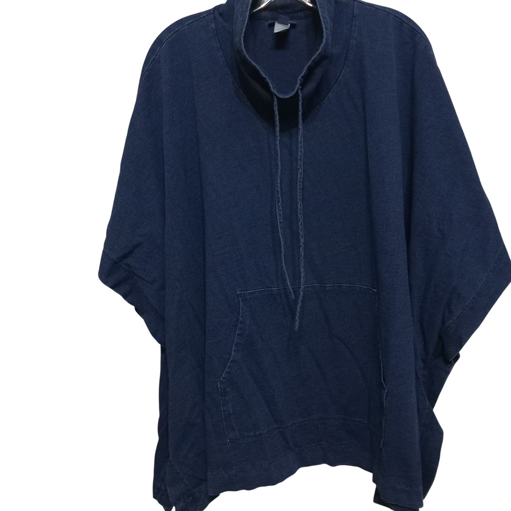 Indigo Pure‎ Jill Womens Blue Cotton Funnel Neck Poncho Kangaroo Pocket XS/Small
